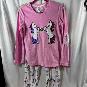 PJ Couture Size Medium two piece Unicorn Fleece Pajamas with Sequins Gently Used